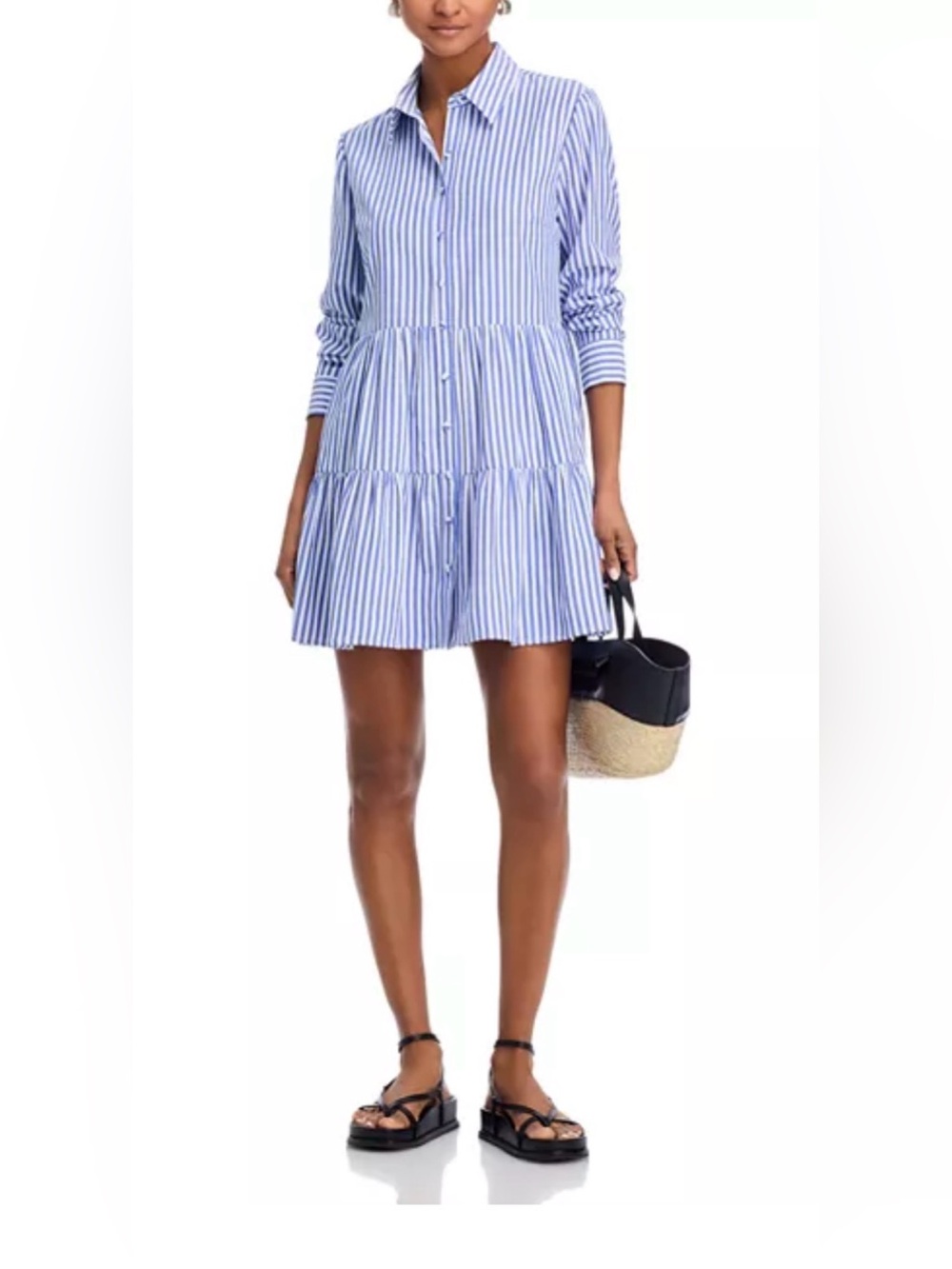 AQUA Bloomingdale’s Blue White Striped Tiered Shirt Dress Size S NWT